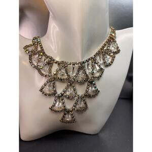 Vintage AB Rhinestone Bib Necklace Clear Glass Dangles Gold Tone